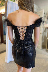 Exquisite Bodycon Off the Shoulder Black Corset Homecoming Dress with Feather